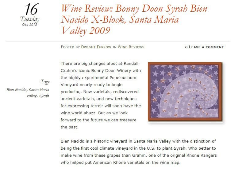 https://foodandwineaesthetics.com/2018/10/16/wine-review-bonny-doon-syrah-bien-nacido-x-block-santa-maria-valley-2009/